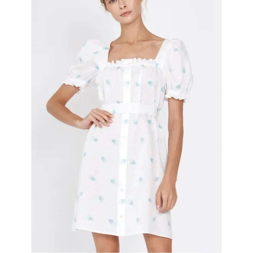 Sleeper Brigitte Linen Mini Dress in Linum Tie Waist Puff Sleeve Blue Floral M